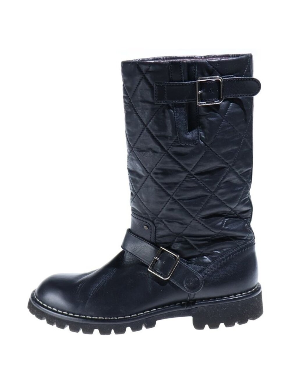 Chanel Quilted Engineer Boots Flat Black Lambskin Silver